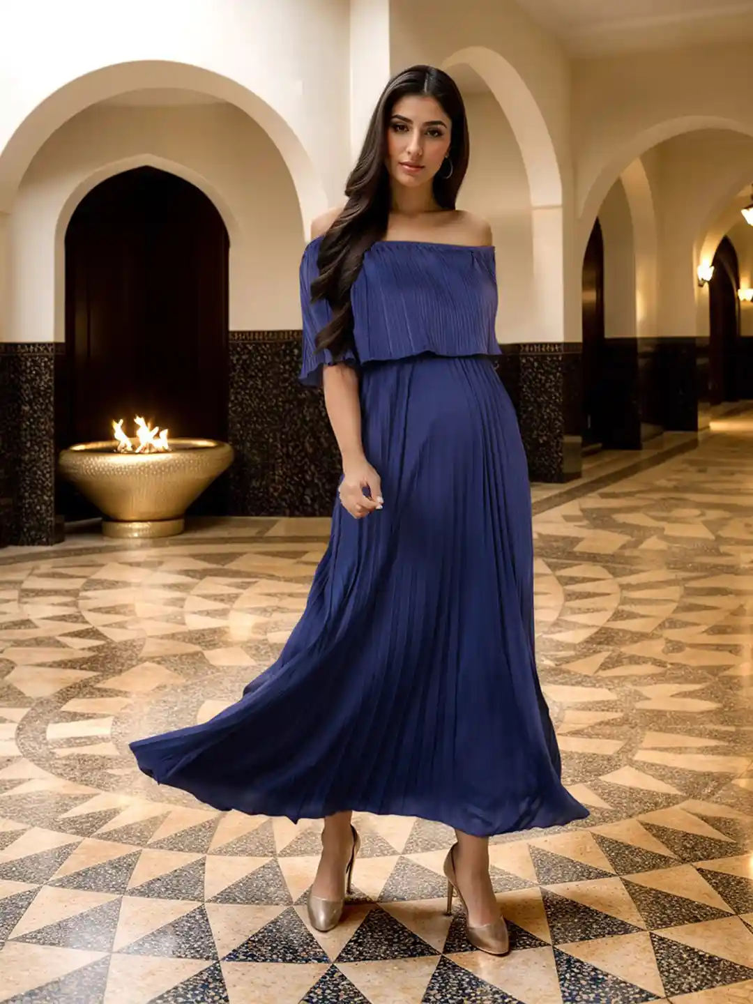 Buy Styli Navy Blue Striped Off Shoulder A-Line Maxi Dress