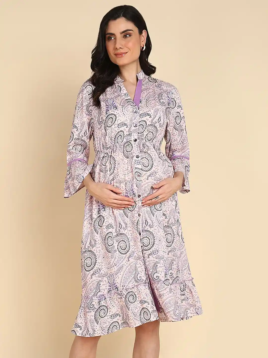 House Of Zelena Ethnic Motifs Print Bell Sleeves Maternity Shirt Dress