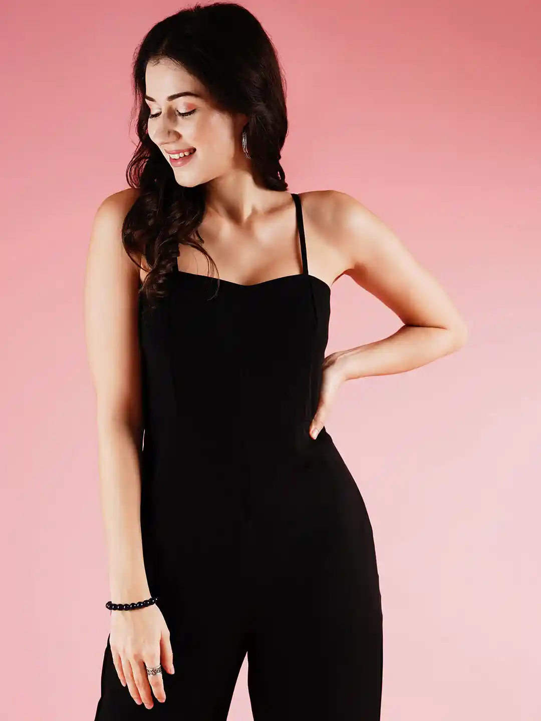 Buy Globus Black Shoulder Straps Sleeveless Basic Jumpsuit