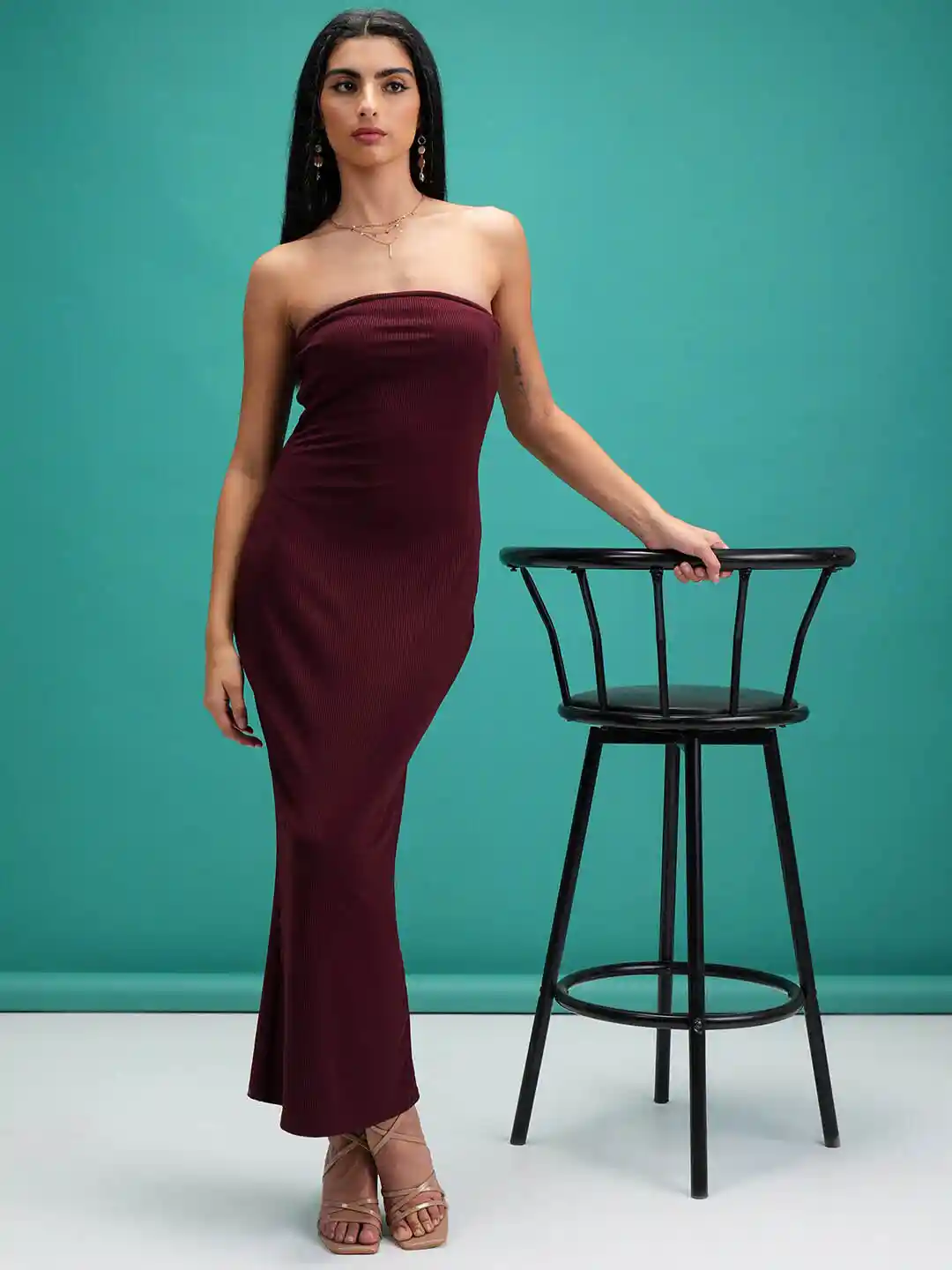 Buy Tokyo Talkies Burgundy Rib Tube Bodycon Back Slit Maxi Dress