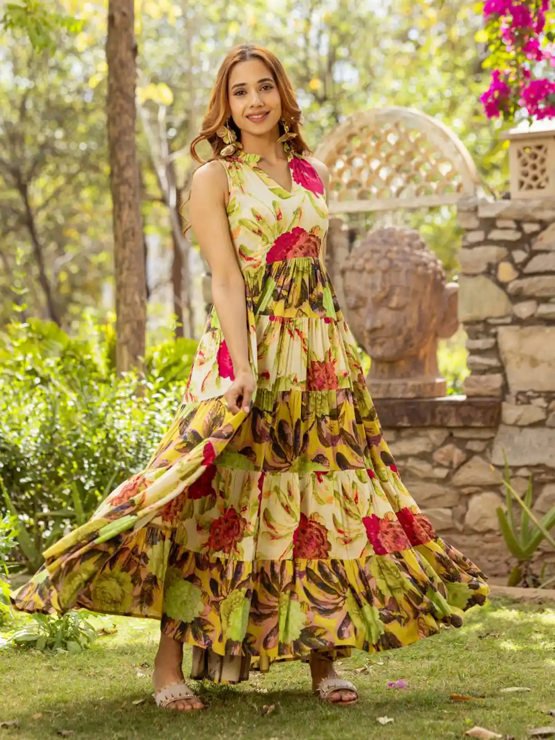 Buy Ambraee Floral Printed Mandarin Collar Cotton Tiered Maxi