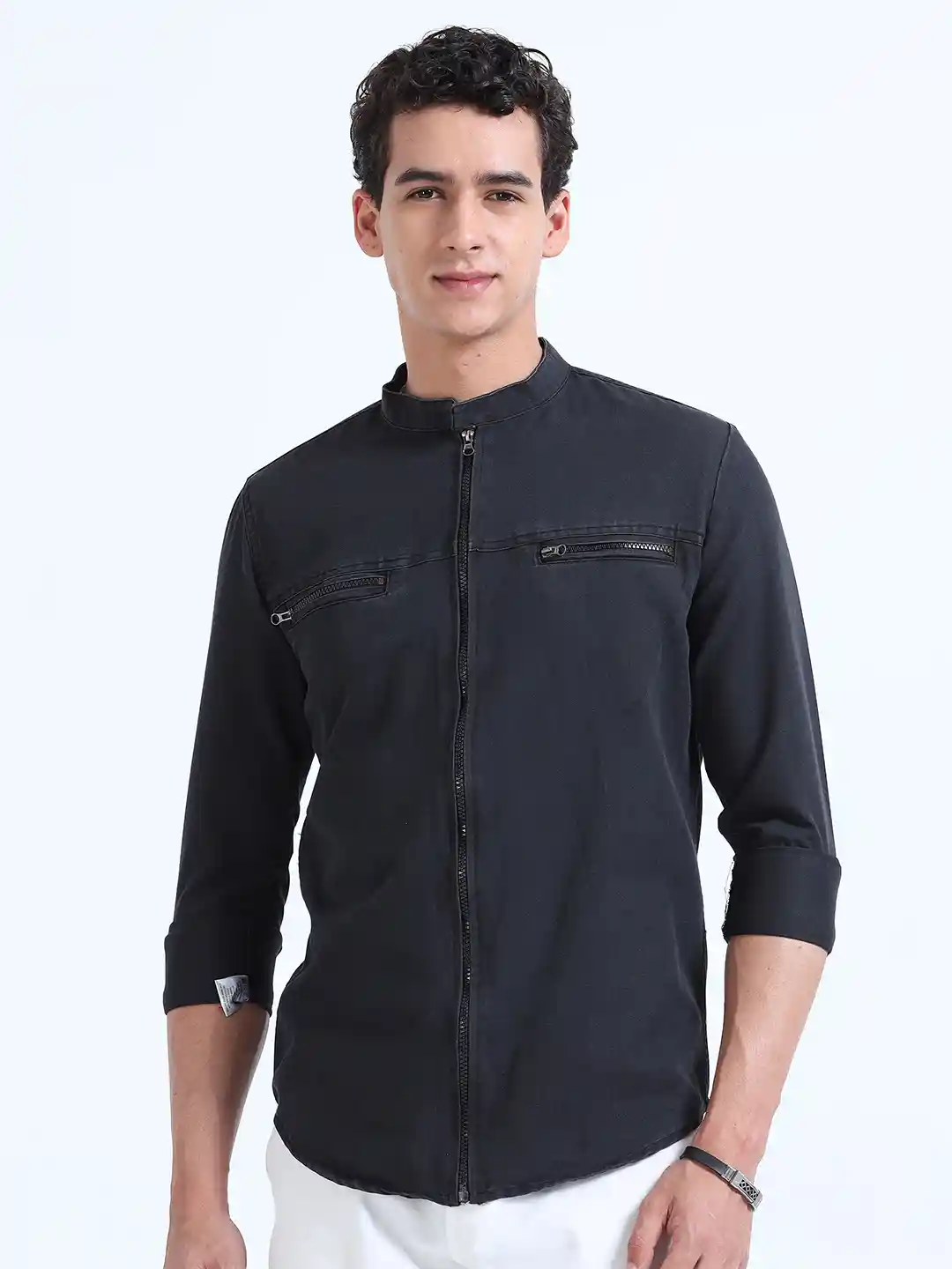 Buy RIDELIFE Slim Fit Mandarin Collar Opaque Denim Casual Shirt