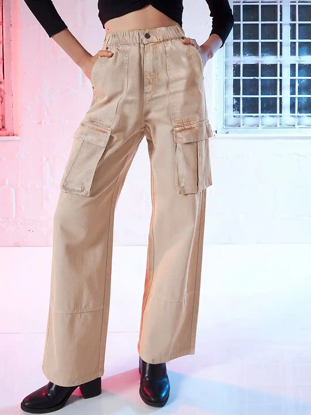 SASSAFRAS Women Beige Straight Fit High-Rise Clean Look Pure Cotton Acid  Wash Cargo Jeans