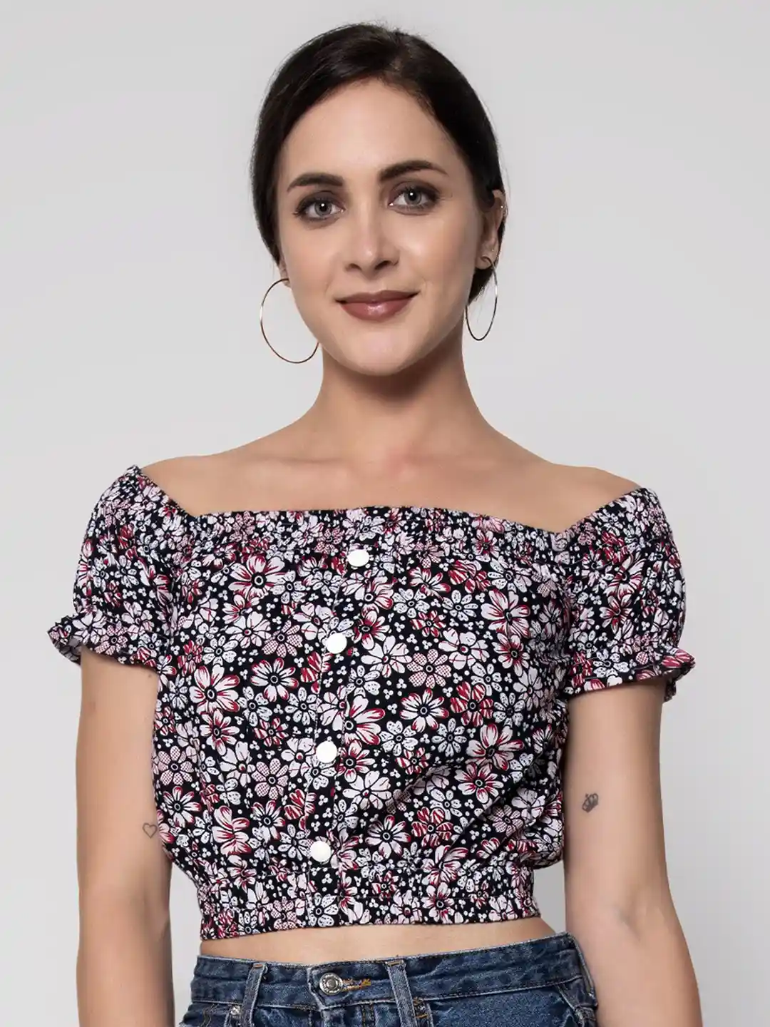 【dium.】DU240712 Design shoulder tops Buy SEVEN FLOWER Floral Print Off-Shoulder Cotton Bardot