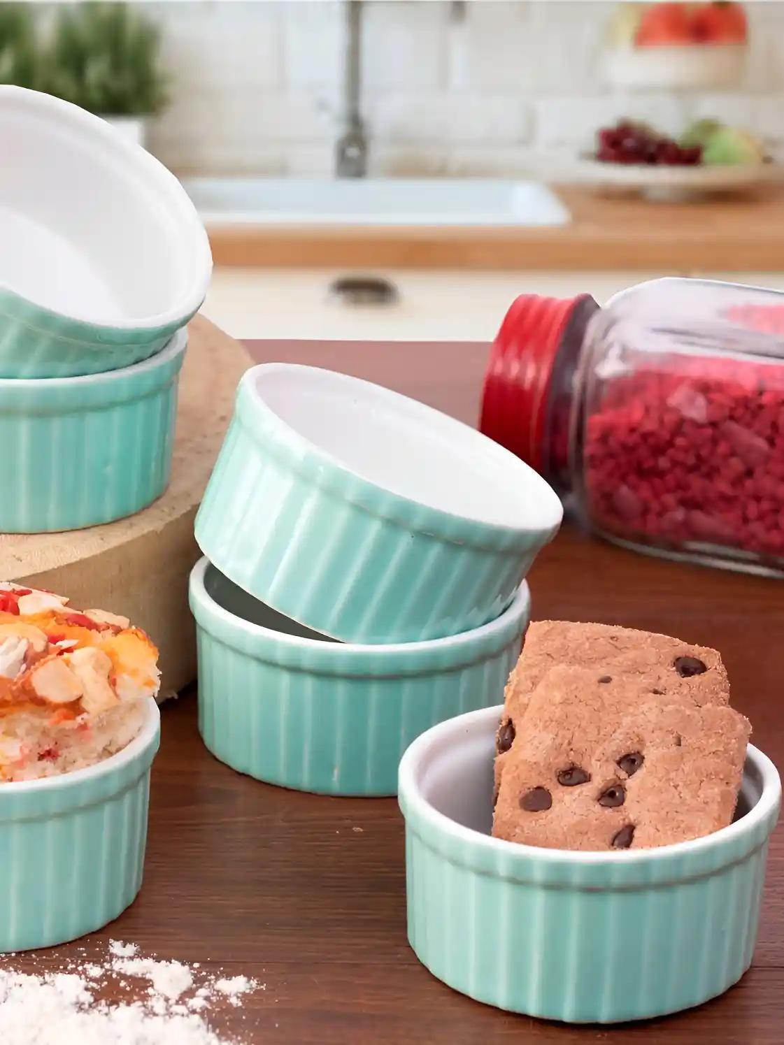 Ceramic Ramekin Bowl/Souffl Dish for Baking and Serving Puddings Set of  (Light Green)