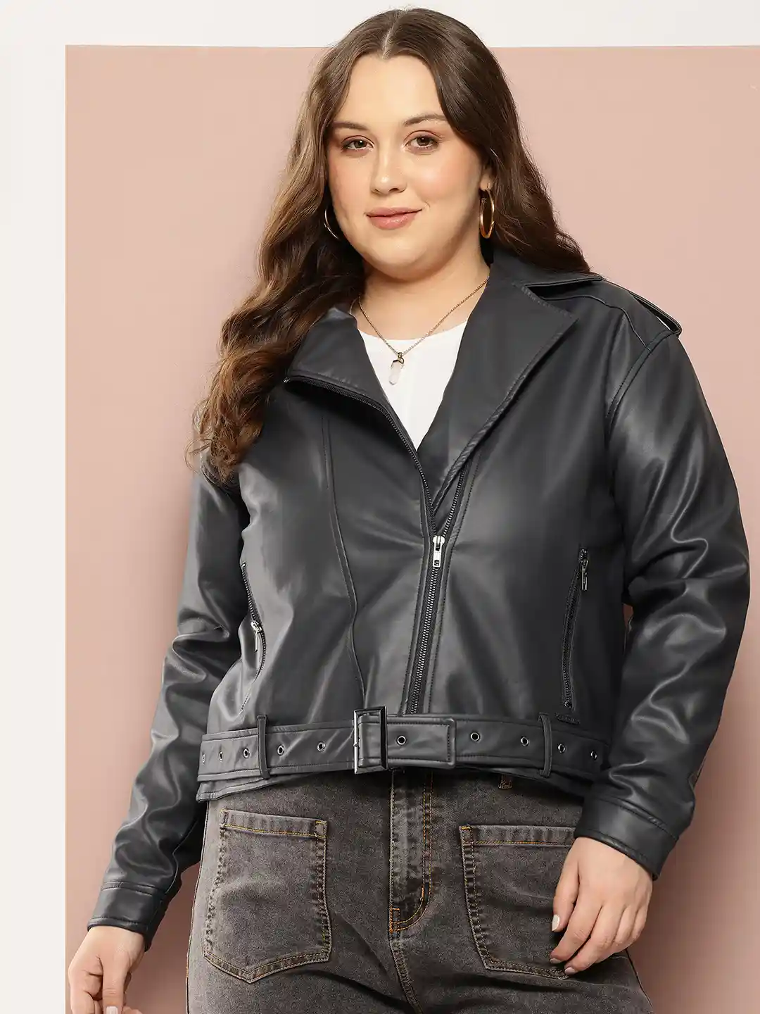 Sztori Plus Size Lapel Collar Biker Jacket
