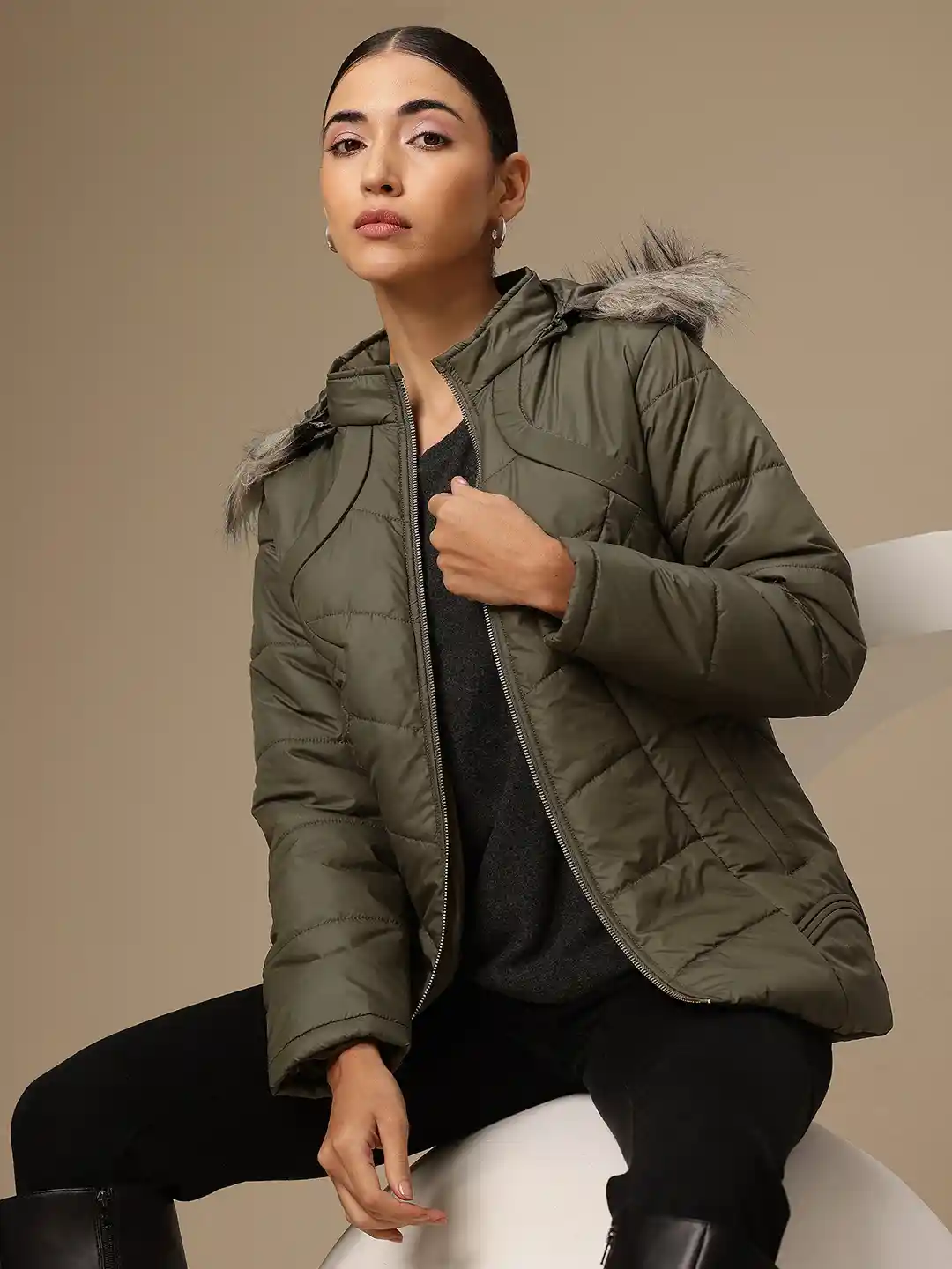 Chemistry Detachable Hood with Faux Fur Trim Padded Jacket