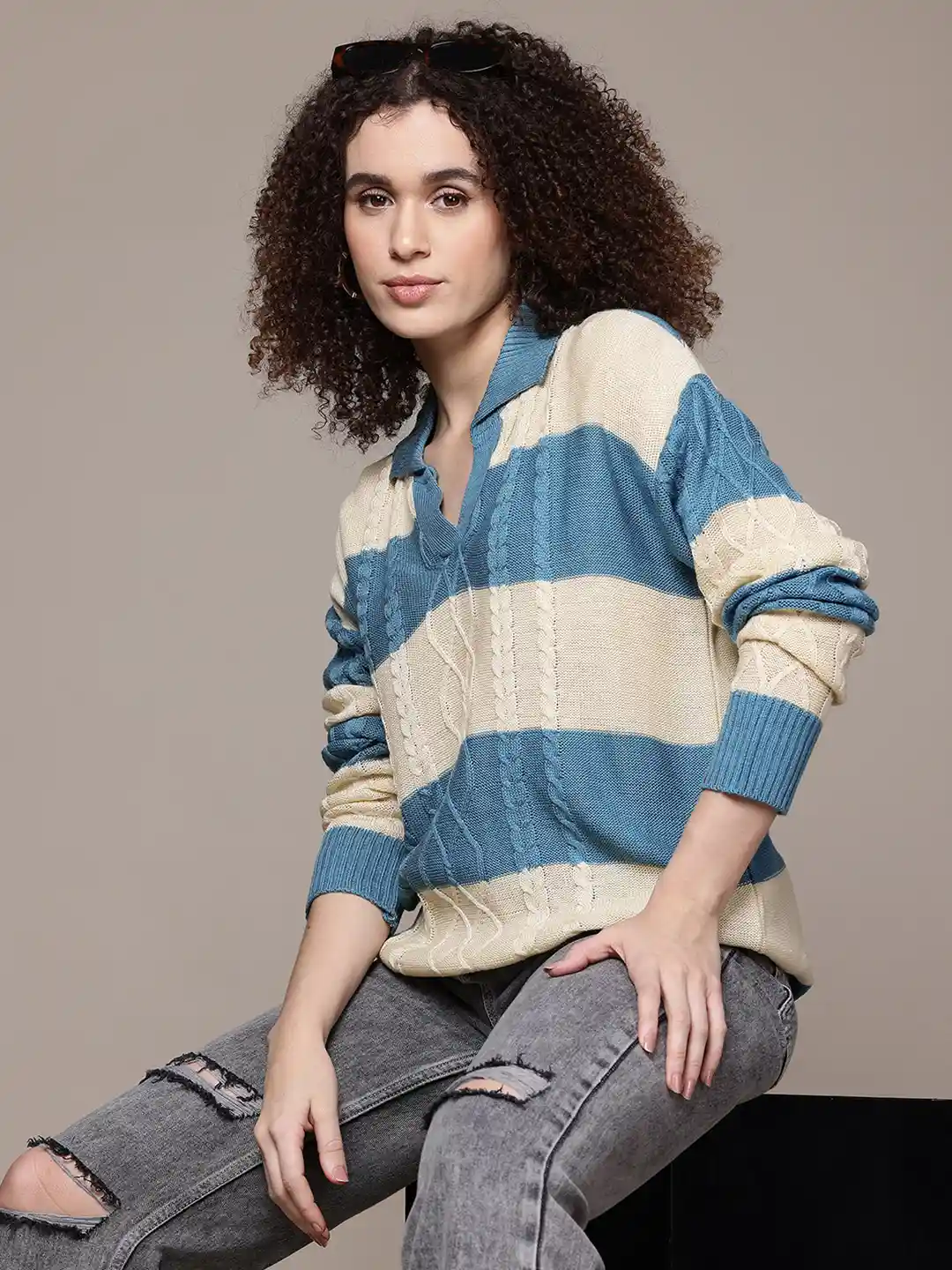 The Roadster Lifestyle Striped Polo Neck Cable Knit Pullover