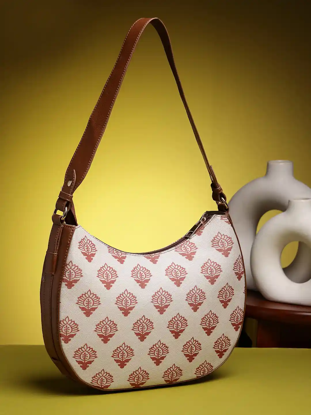 Anouk Tan Brown Floral Printed Half Moon Handheld Bag