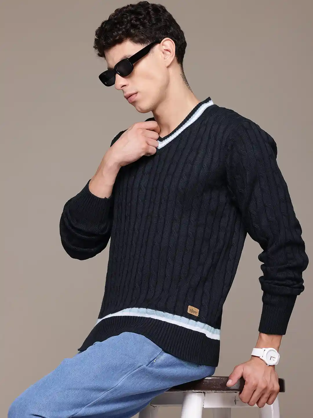 Buy The Roadster Lifestyle Cable Knit V-Neck Pullover