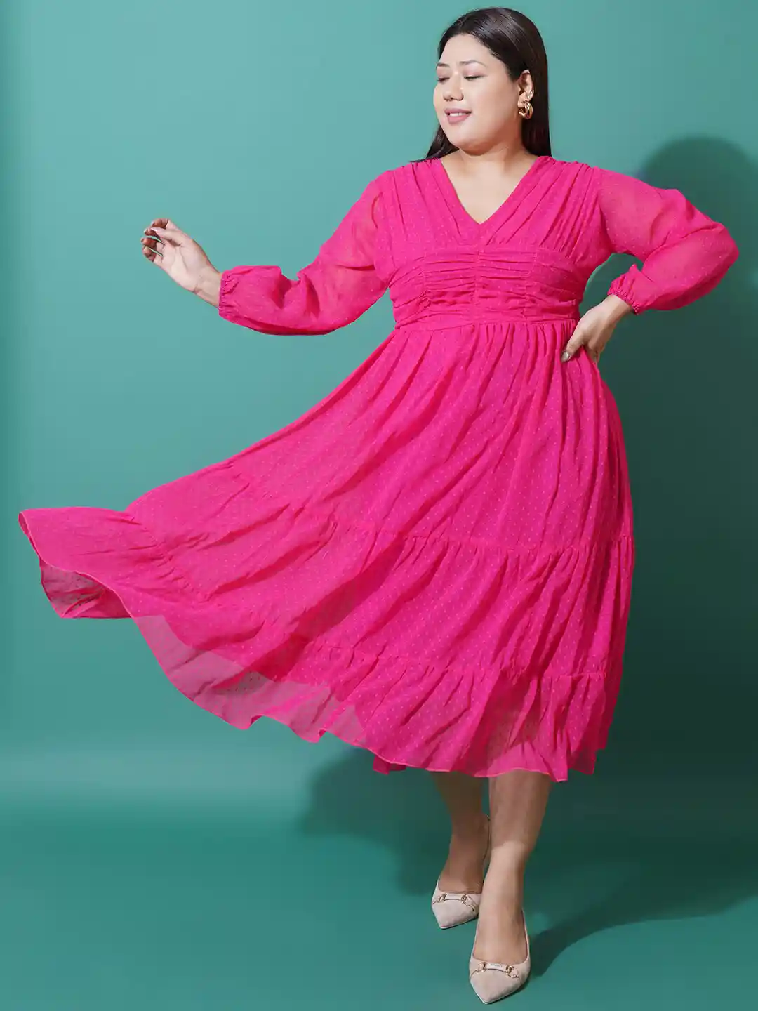 U&F Beyond Plus Size Self Design V-Neck Puff Sleeve Georgette Tiered Fit  Flare Dress