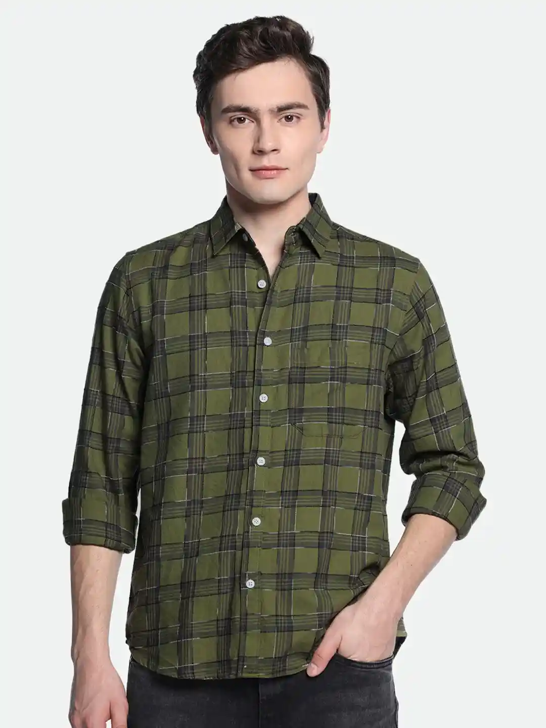 Buy Dennis Lingo Tartan Checked Spread Collar Pure Cotton Casual