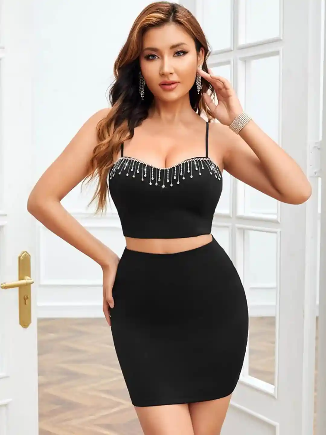 Crop Top Pencil Mini Skirt Short-Sleeve Button-Up Knit Crop Top