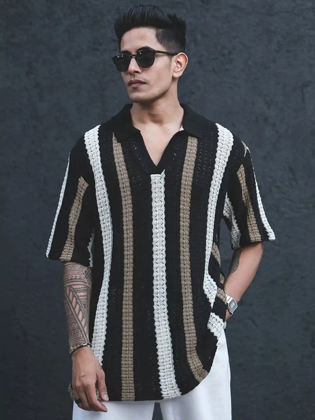 トップス crepuscule Stripe Mesh Knit Shirt Brown crepuscule / stripe mesh knit shirt | EE ONLINE STORE -