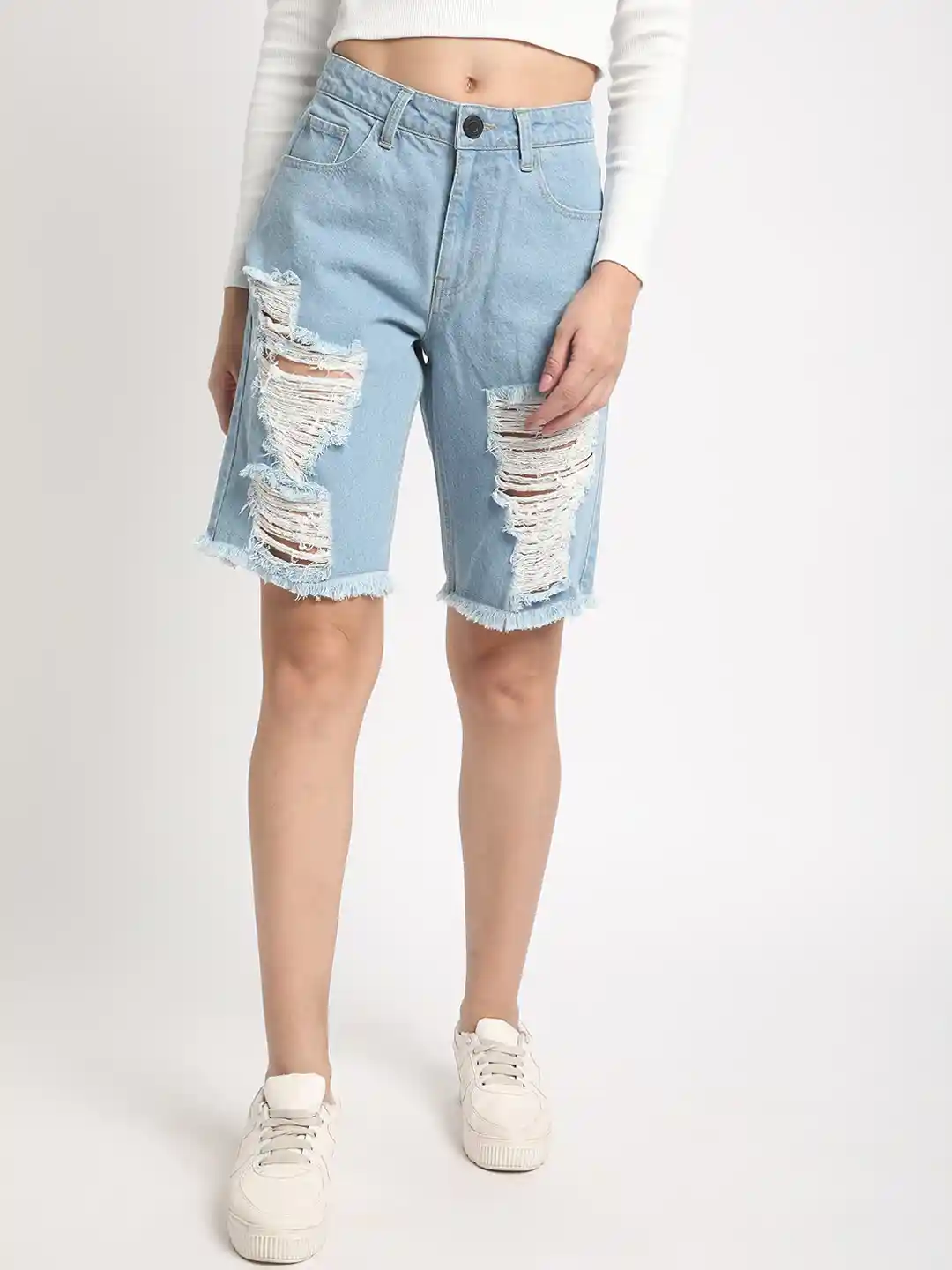 Bene Kleed Women Slim Fit High-Rise Distressed Denim Jorts