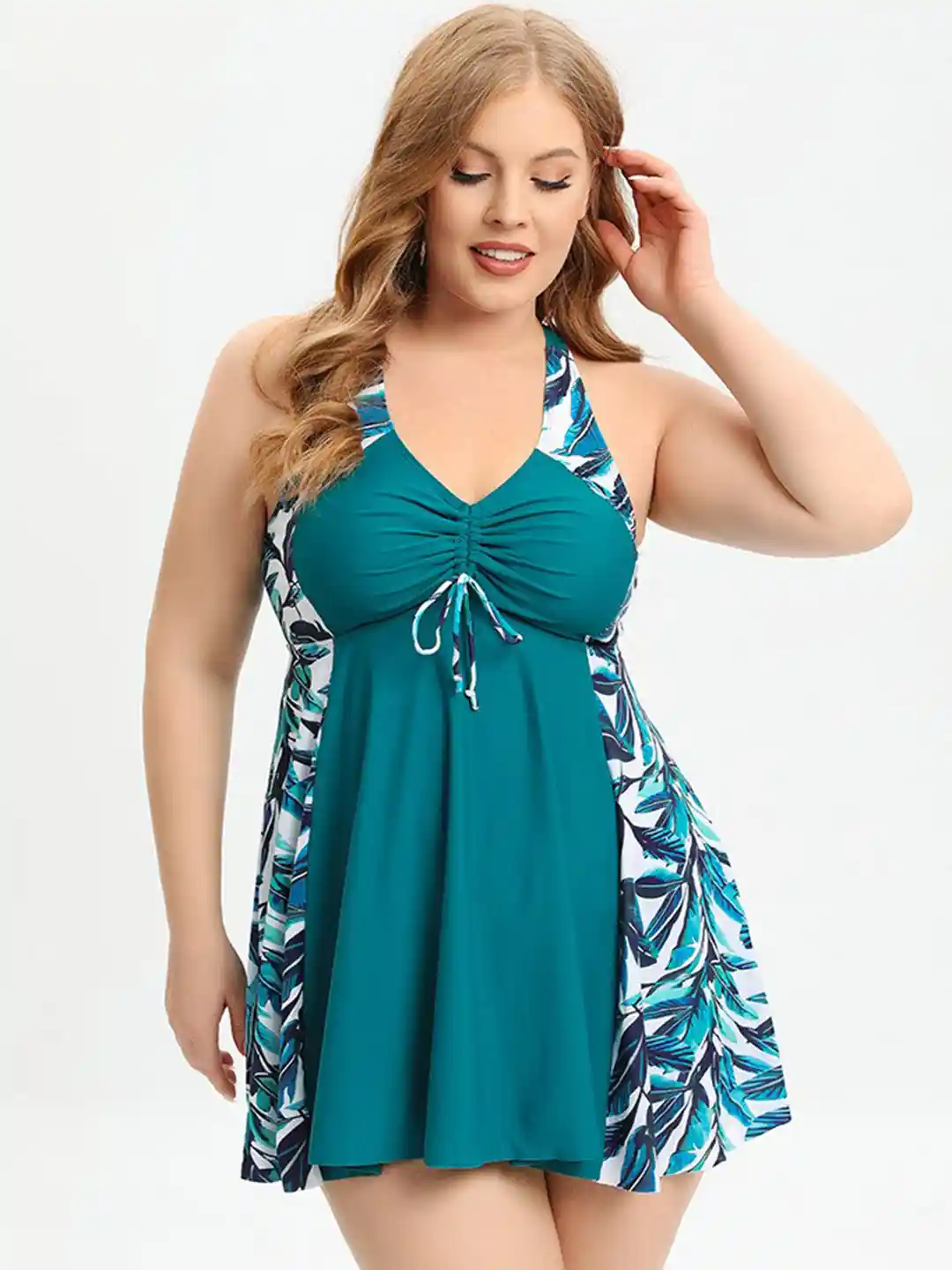Buy Plus Curvves Plus Size Tropical Printed Knot Front Ruffle Swim