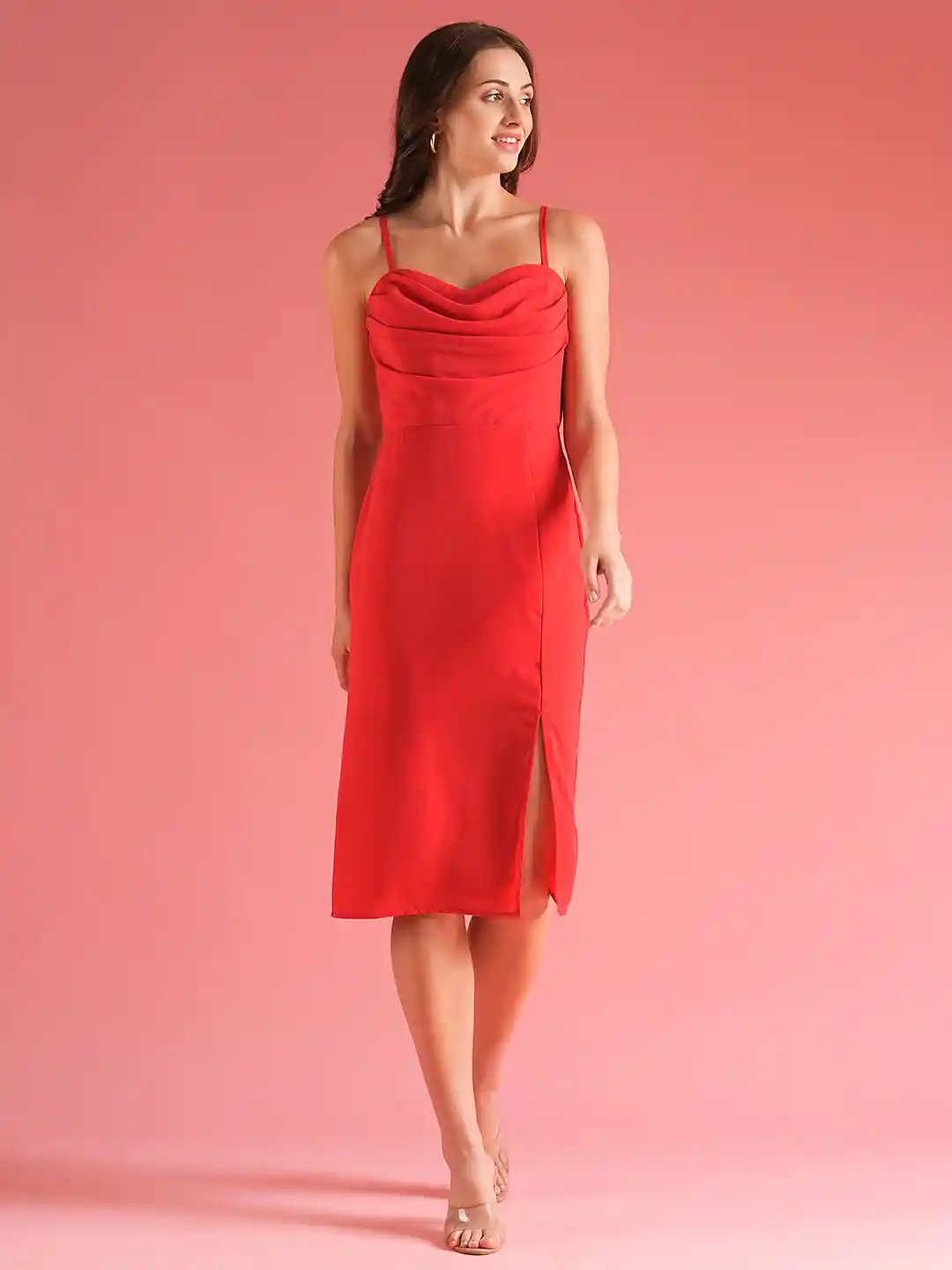 Ajio Front Slit Sheath Dress Cowl Neck Red Slit Midi Dress Buy Globus Women  Sweetheart Cowl