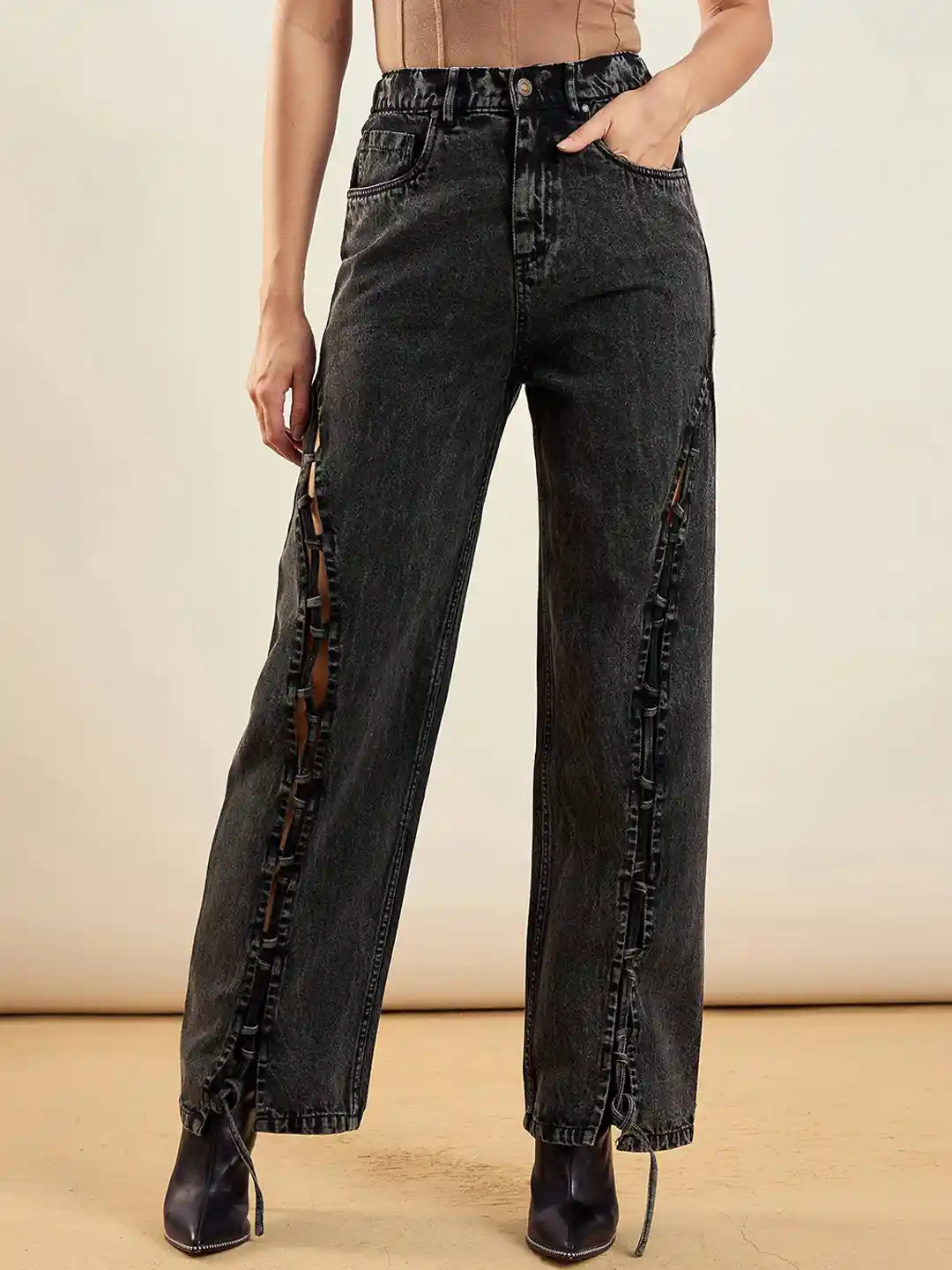 Buy SASSAFRAS Women Straight Fit High-Rise Mildly Distressed Acid