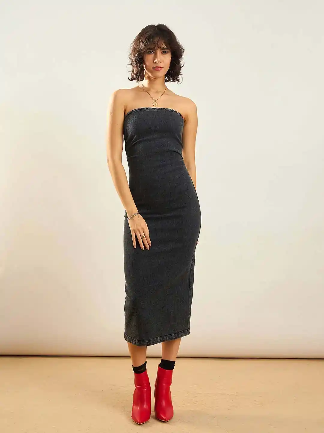 Bodycon Dress Black Strapless Midi Athena Black Fringed Detailed