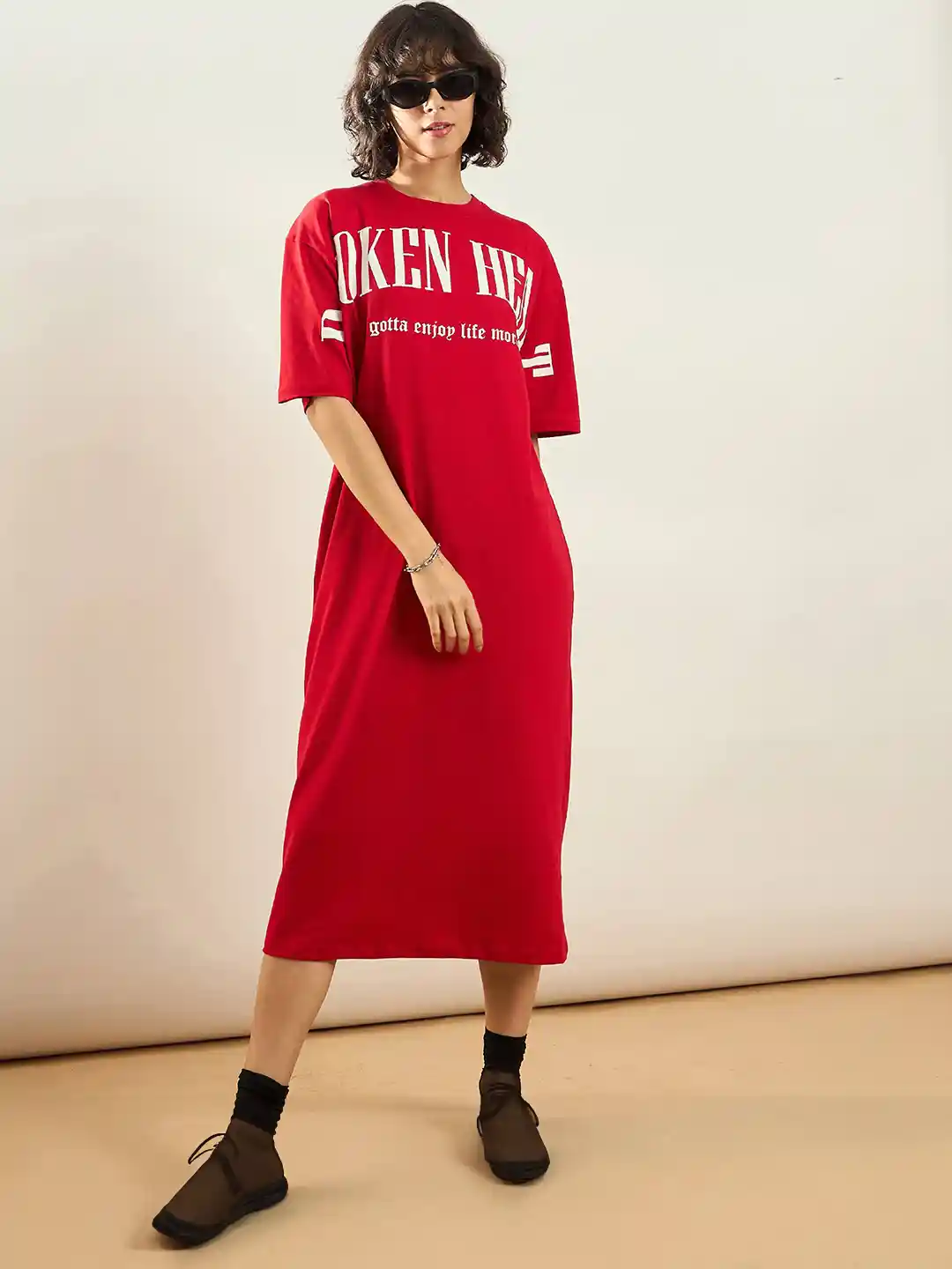 SASSAFRAS Red Typographic Printed Pure Cotton Oversized T-shirt Dress