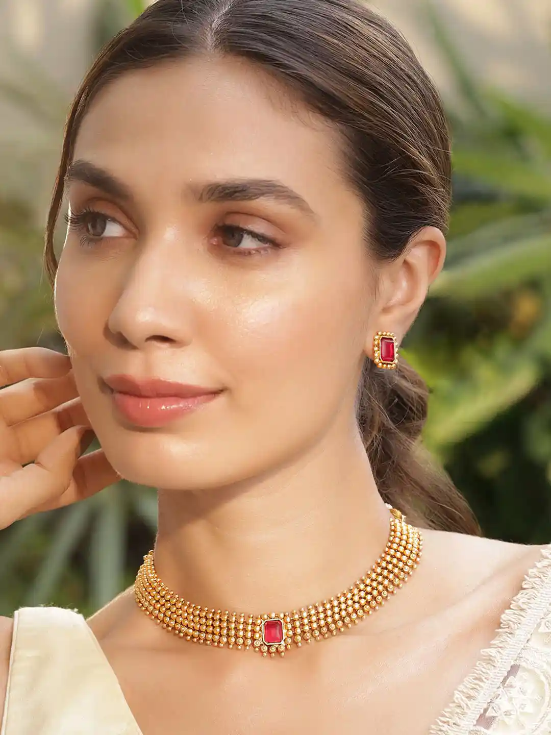 Rubans 22K Gold-Plated Ruby Stone Studded Choker Necklace Set with Gold  Beads