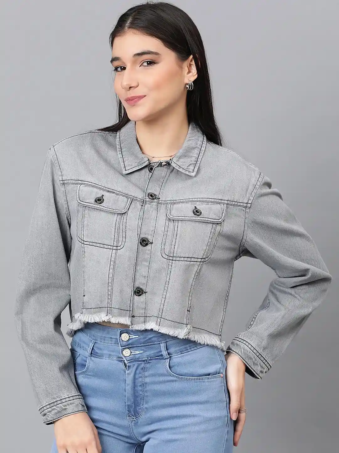 Gray Denim Grey Jean Jacket Women Roadster Women Charcoal Solid