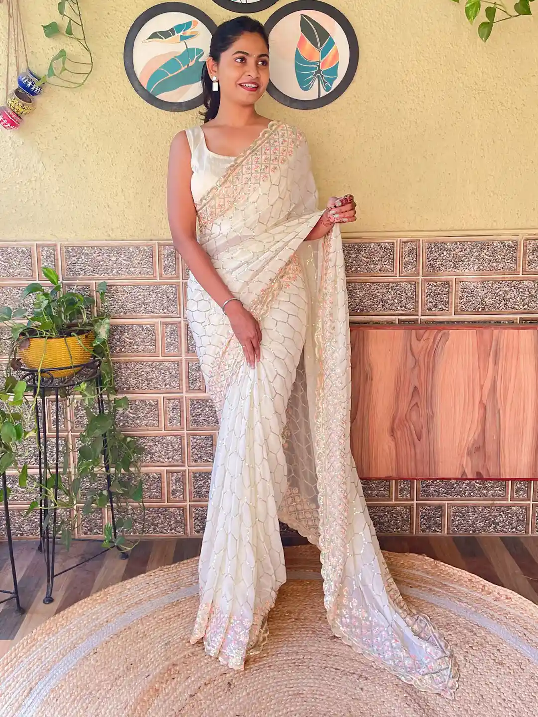 Buy Anouk Off White Embellished Sequinned Pure Georgette Saree