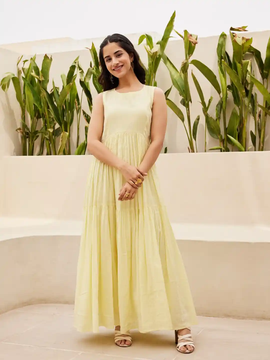 Buy Ambraee Yellow Sleeveless Tiered Gathered Maxi Dress Dresses