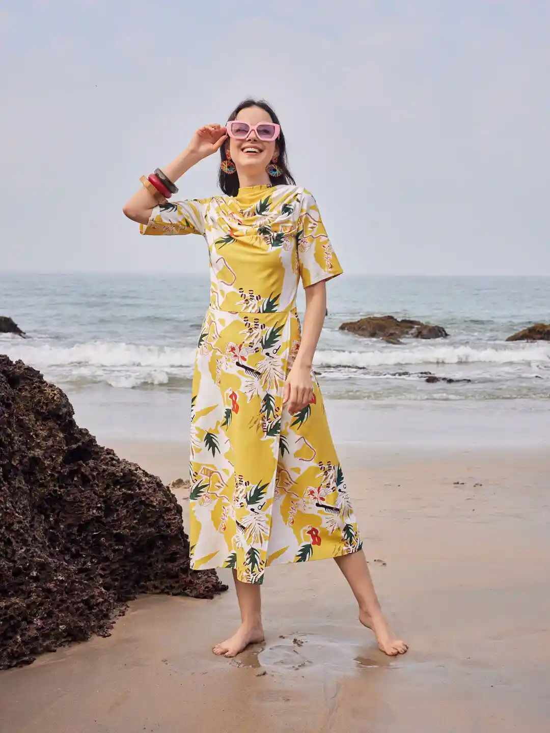 PURVAJA Floral Print Kimono Sleeve Cowl Neck Fit and Flare Midi Dress