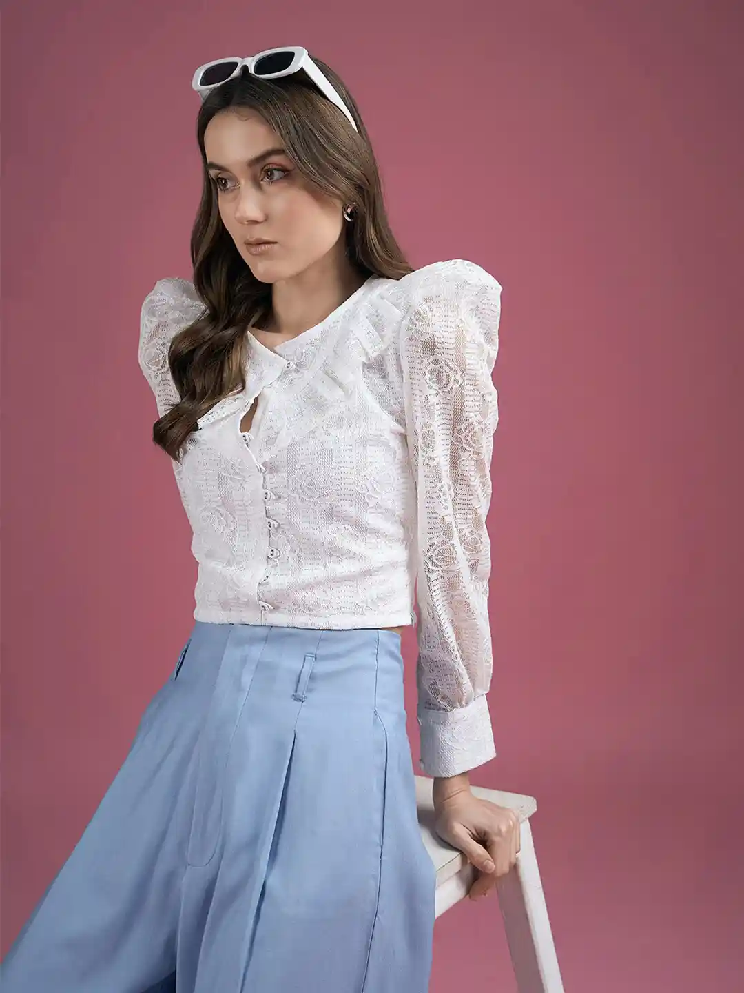 Buy DressBerry White Self Design Puff Sleeve Ruffles Top Tops