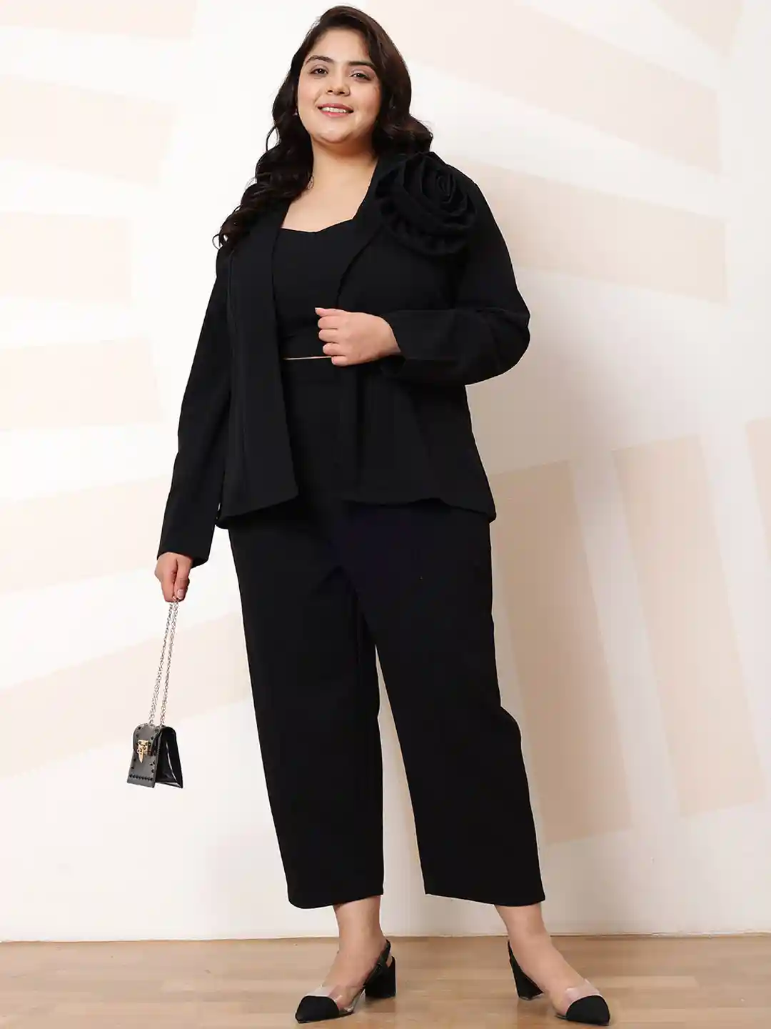 Athena Ample Black Plus Size Long Sleeves Top and Blazer With Trouser  Co-Ords Set