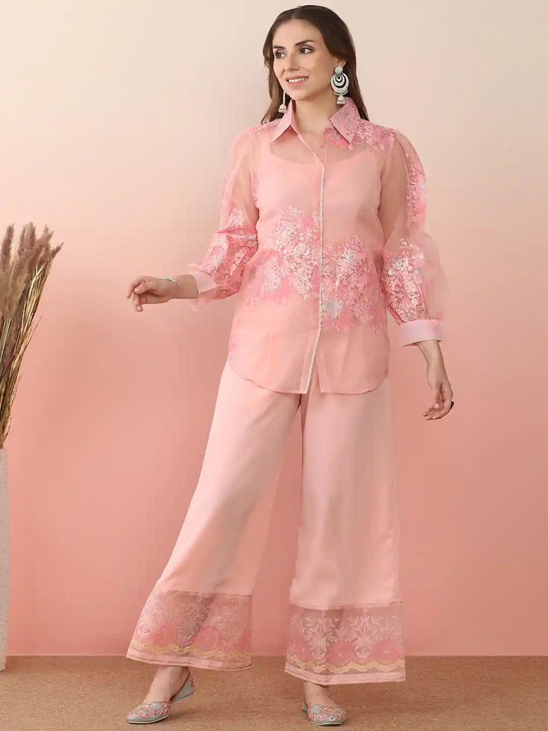 Ahalyaa Pink Shoulder Straps Top Palazzo With Jacket