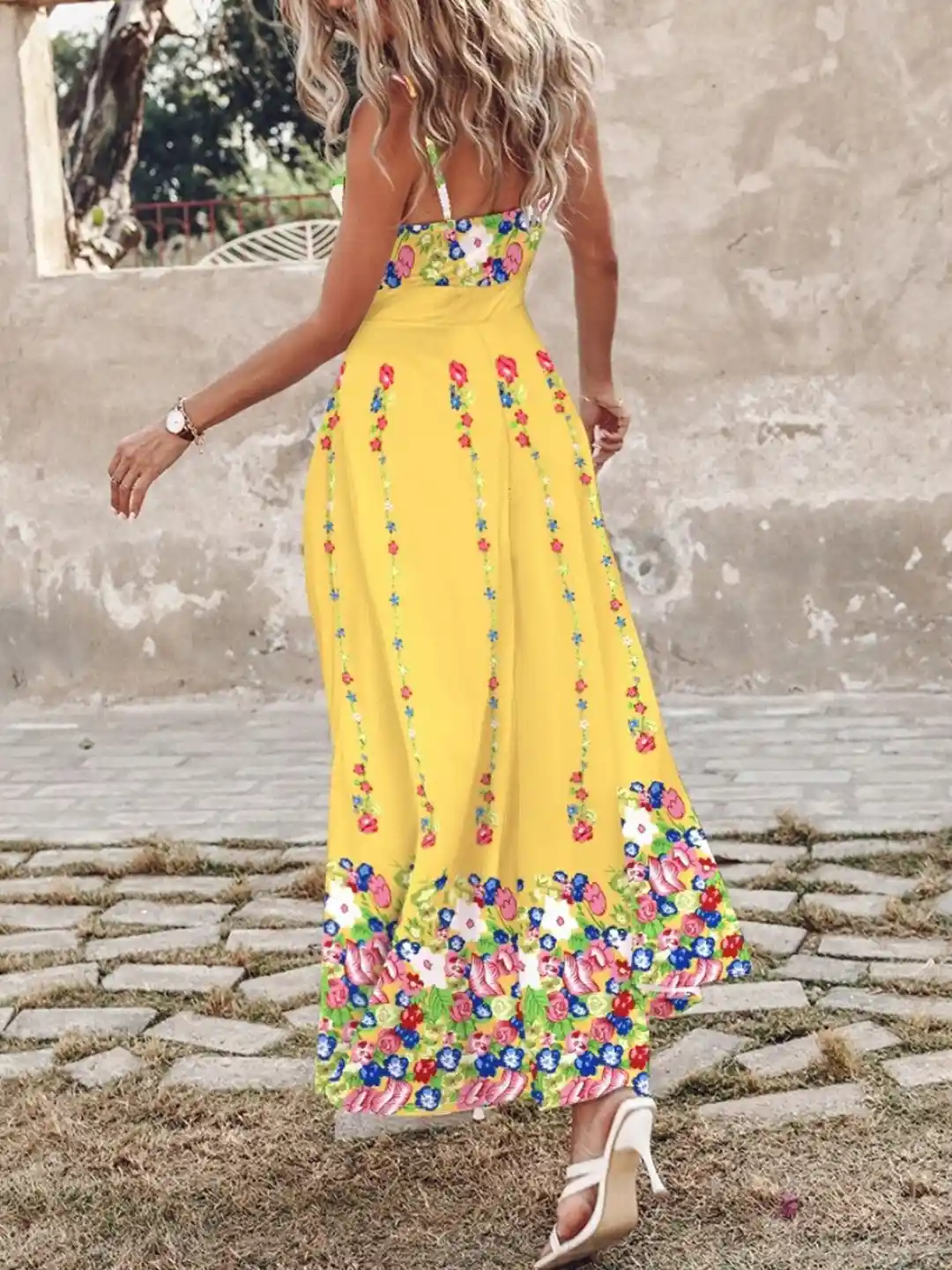 StyleCast Yellow Floral Printed Shoulder Straps Maxi Fit Flare Dress