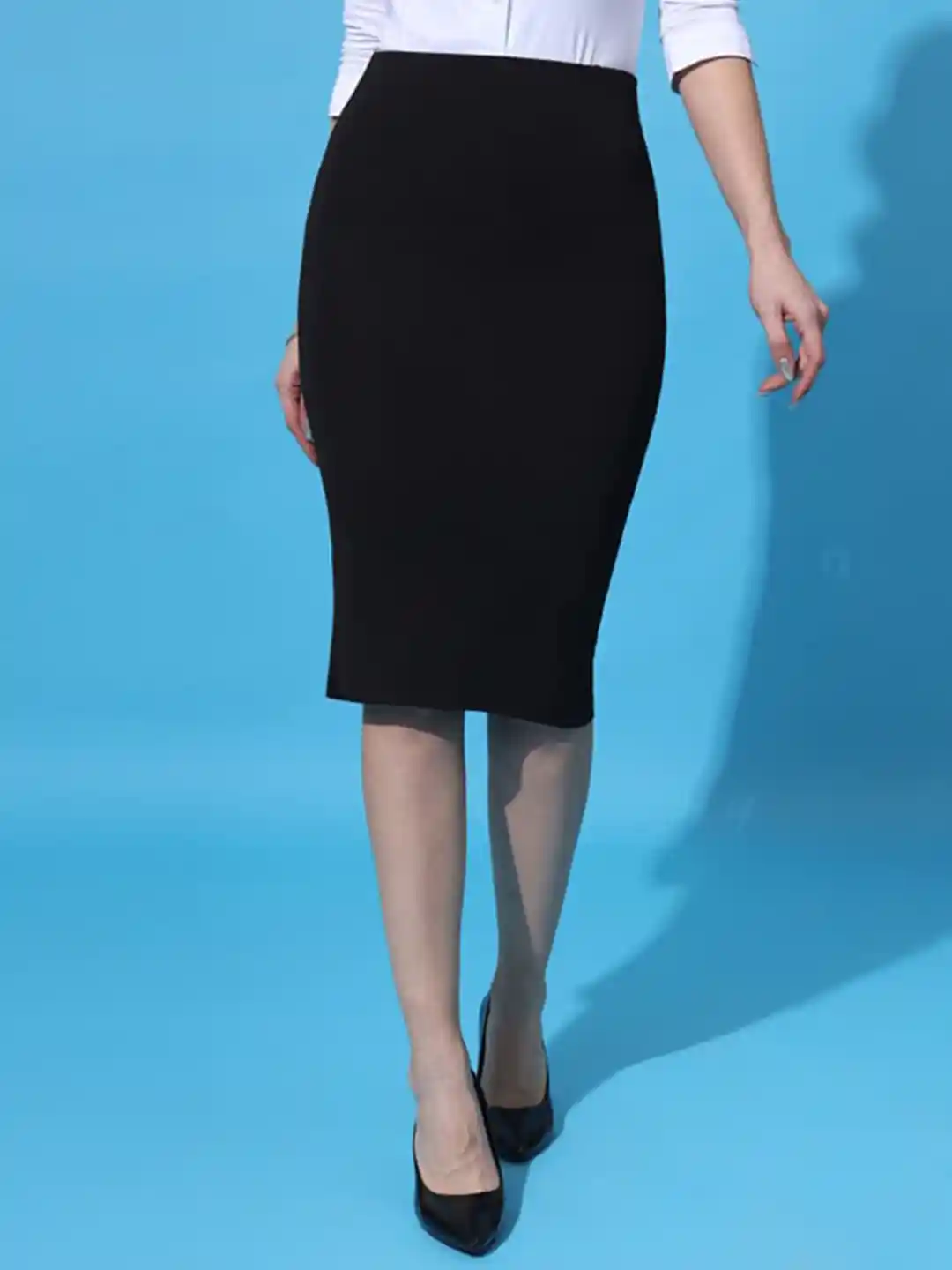Pencil Skirt Black Formal Skirt And Top Women Solid Black High