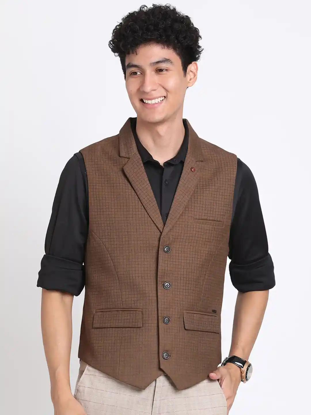 Buy Turtle Men Woven Design Lapel Collar Slim-Fit Waistcoat