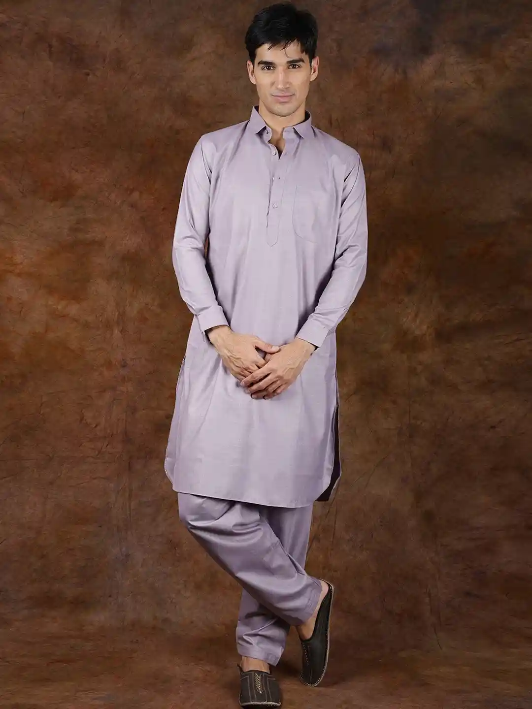 Buy Exotic India Lavender Blue Plain Pure Cotton Pathani Kurta - Main Image