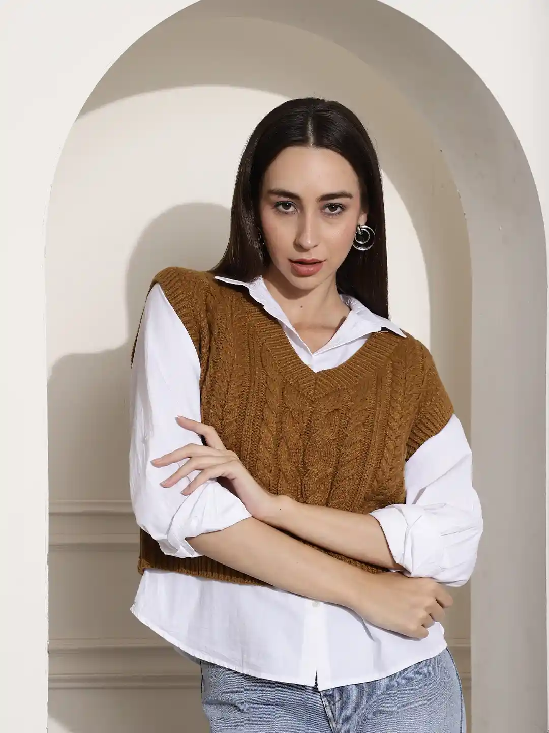Buy NoBarr Brown Cable Knit Crop Sweater Vest Sweaters for Women