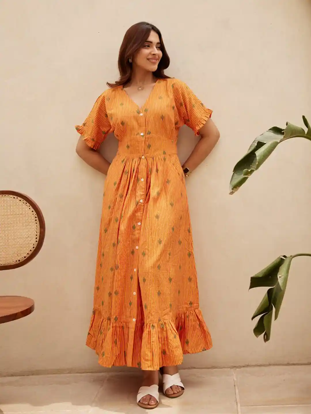Ambraee Floral Print V-Neck Regular Sleeves Organic Cotton Maxi Dress