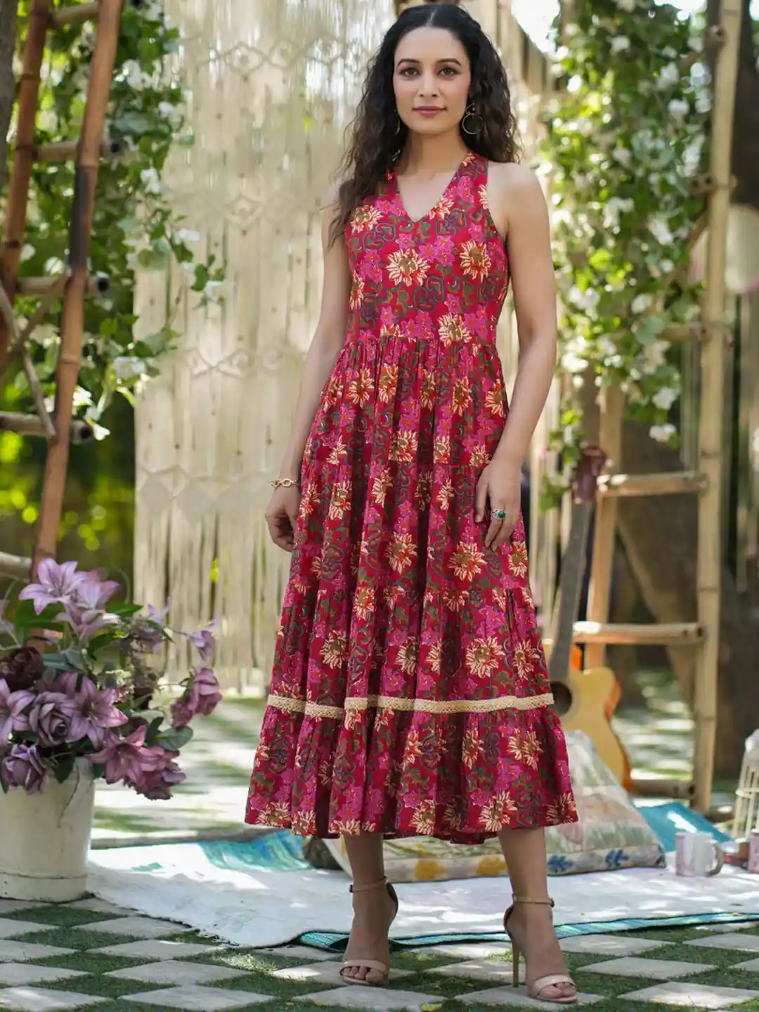 fit and flare ethnic dress Women Indian Floral Printed Fit & Flare Maxi Ethnic Dress XS / Green