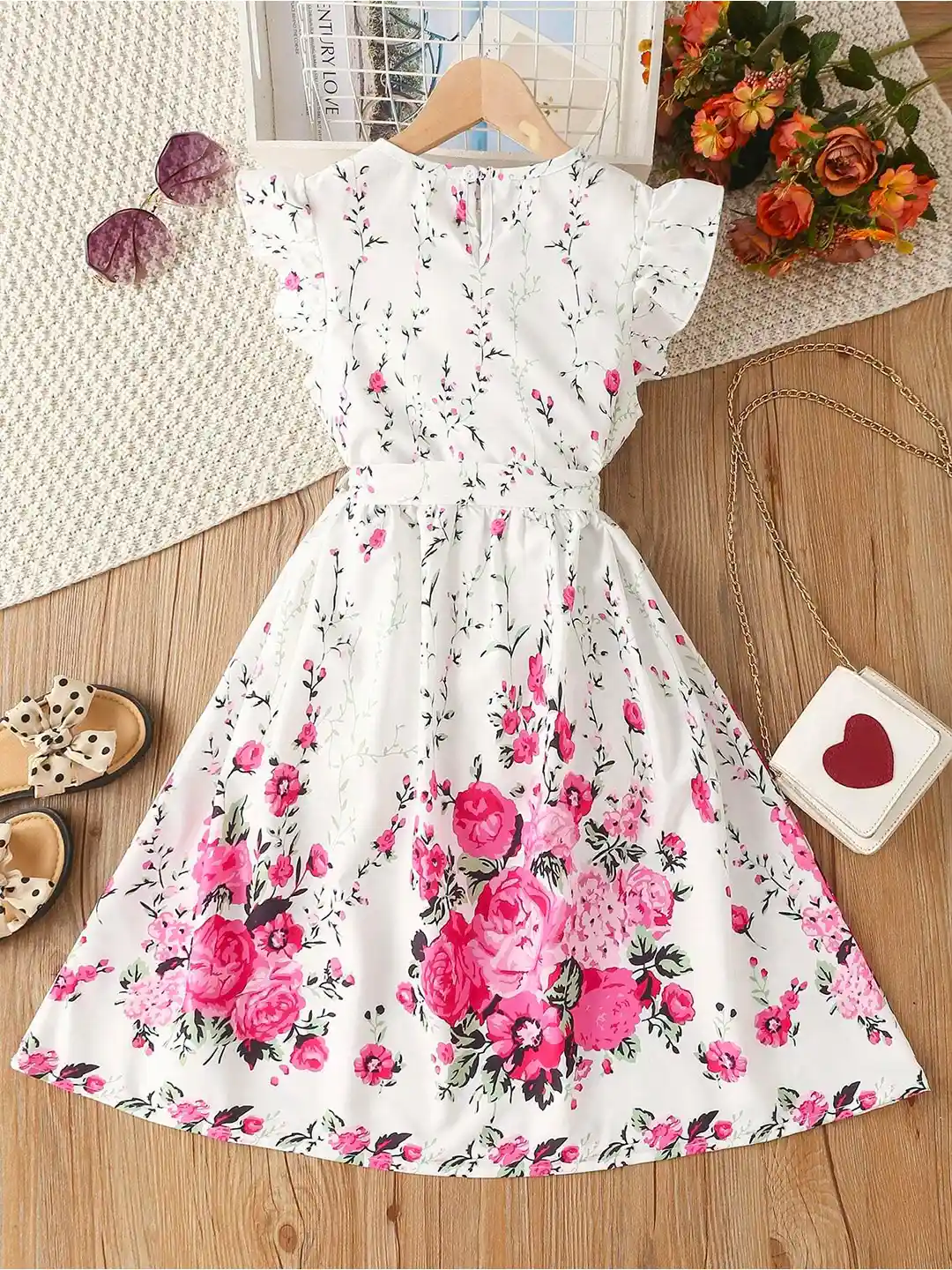 BAESD Girl Floral Print Round Neck Flutter Sleeves Cotton Fit Flare Dress