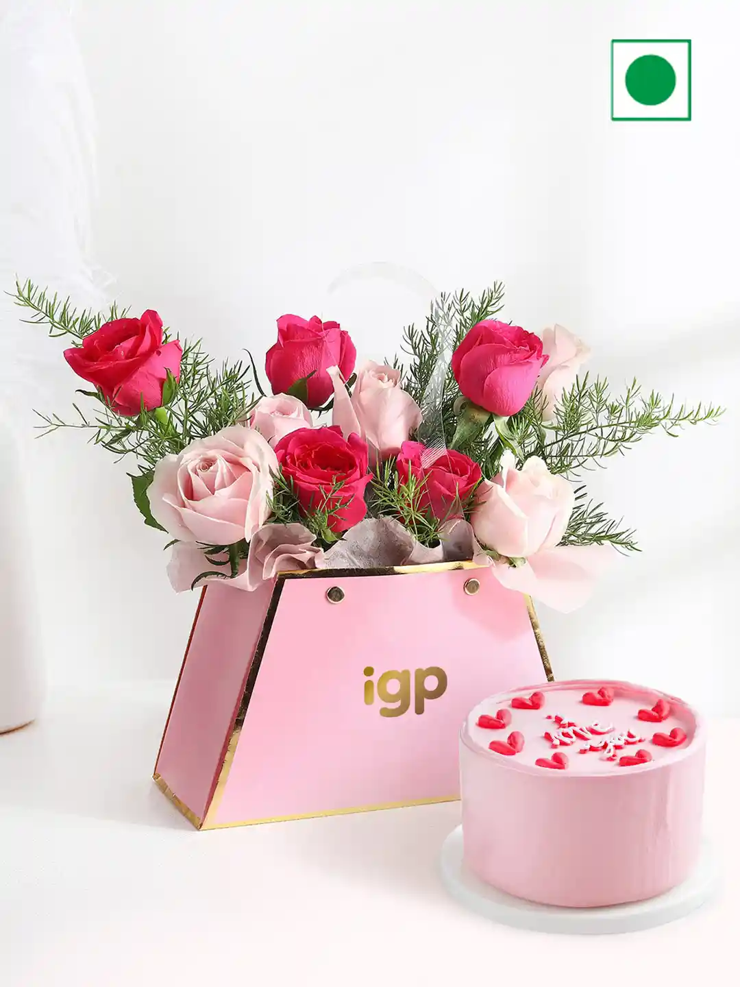 Buy IGP Rose Flowers in Cute Bag with Cake Gift Set Assorted