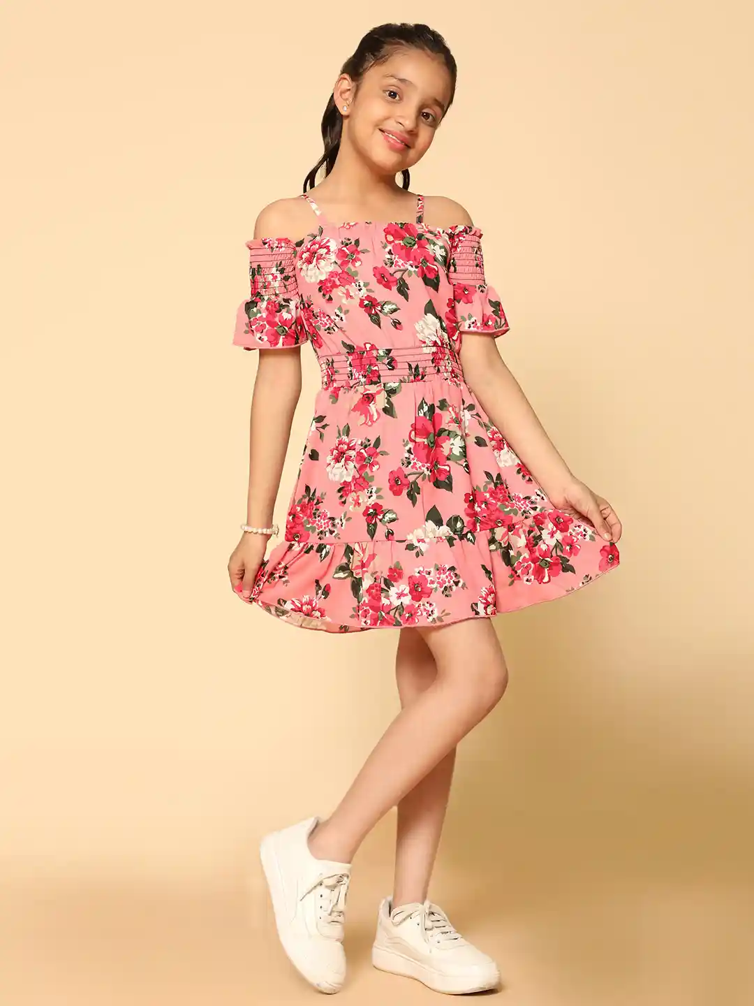 Buy Kids Cave Floral Printed Cold-Shoulder Fit Flare Dress