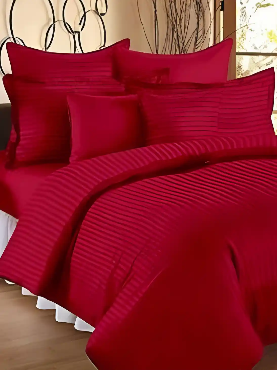 Laying Style Red Striped Pieces Double King Regular Bedding Set
