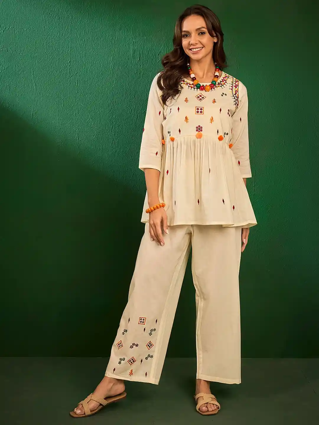 Buy Sangria Embroidered Pure Cotton Top With Palazzos Co-Ords Co