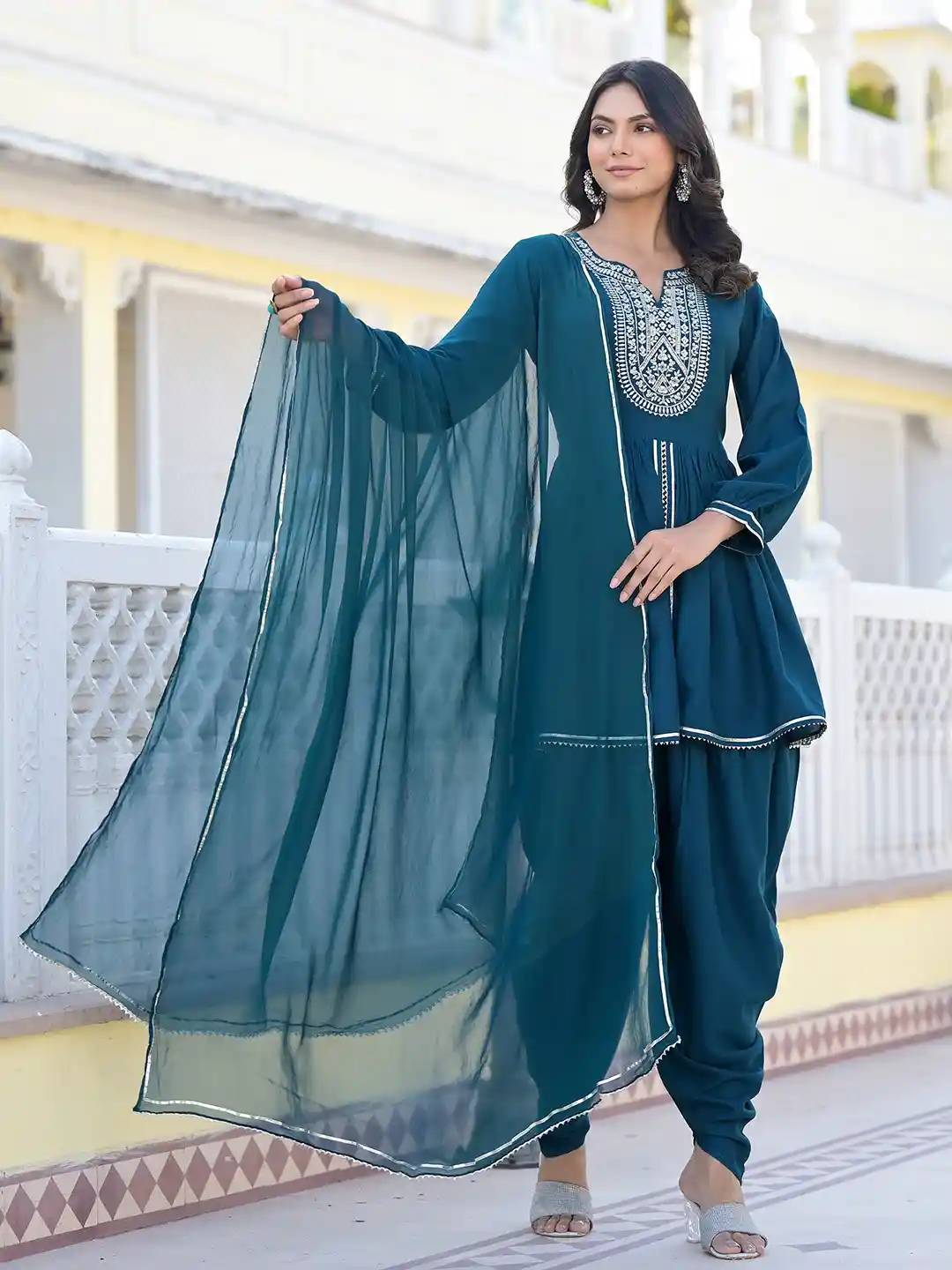 Buy Stylum Floral Yoke Design Notched Neck Empire Sequinned Kurti