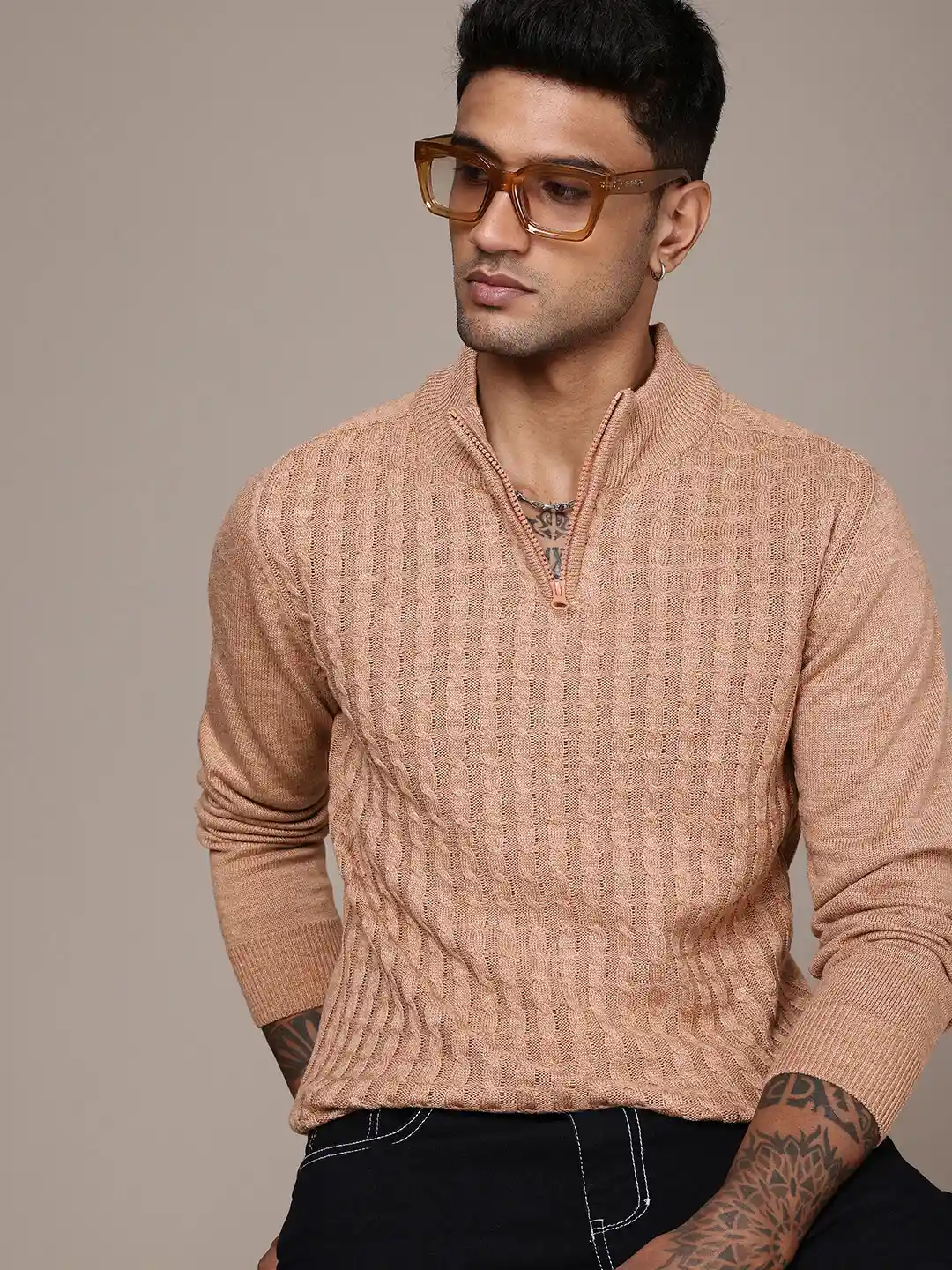 Buy The Roadster Life Self Design Knitted Half Zipper Sweater