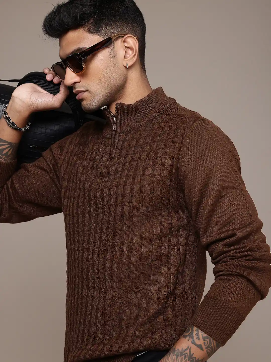 Buy The Roadster Life Self Design Knitted Half Zipper Pullover