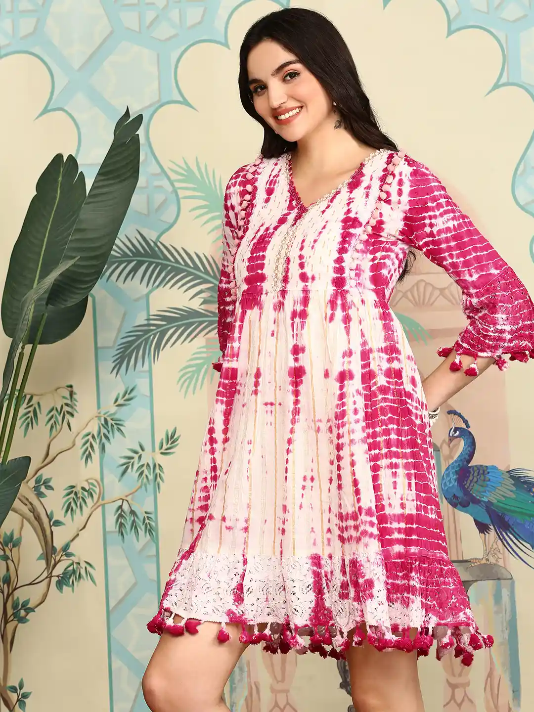 Buy Ishin Tie and Dye Dyed Bell Sleeve A-Line Cotton Dress