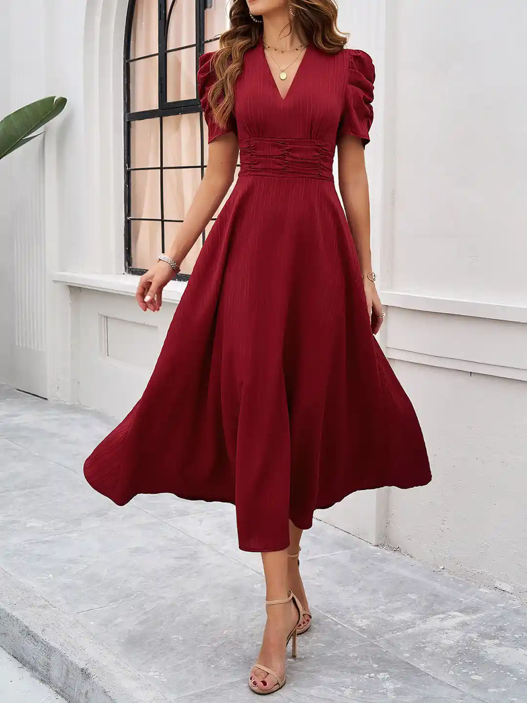 Red Dress Fall Knee Length Dresses Red Long Sleeves Arabic Short
