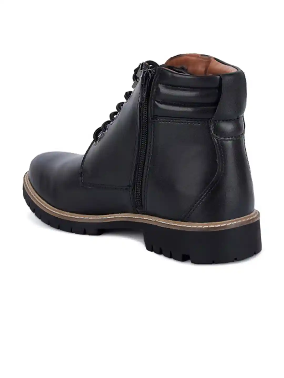 LOUIS STITCH Men Jet Black Mid-Top Lace Up Biker Chain Boots